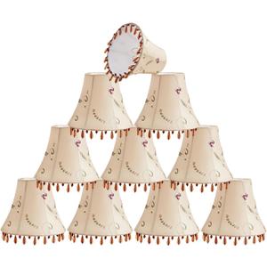 Aspen Creative 50004-9, Beaded Bell Clip-On Lamp Shade, Gold Faux Silk Fabric with Floral Embroidered Design, 3" Top x 6" Bottom x 5" Slant, Set of 9