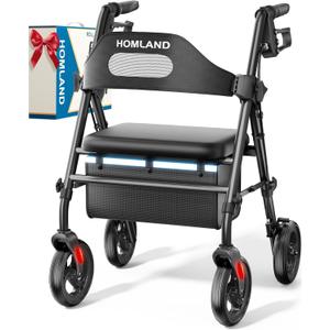 HOMLAND Foldable Rollator Walkers with Seat for Seniors, 8'' Big Wheels, 350 lb. Weight Capacity, Adjustable Handles and Seat Height, Lightweight Rolling Walker, Black