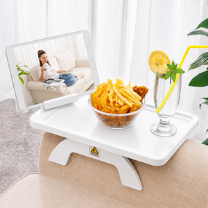 Couch Arm Table, Bamboo Sofa Clip On Side Table Tray,Foldable Sofa Arm Tray with 360° Phone Holder for Eating Drinking Snacks Remote on Couch Armrest