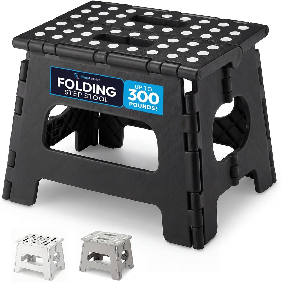 Handy Laundry Folding Lightweight Step Stool - Sturdy Enough to Support Adults and Safe Enough for Kids - Opens Easy with One Flip - Great for Kitchen, Bathroom or Bedroom (Black - 8 Inch)