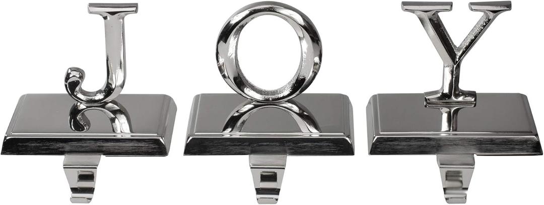Northlight Set of 3 Shiny Silver Beveled Joy Christmas Stocking Holders 5"