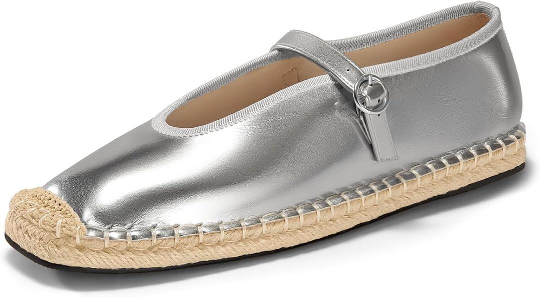 Coutgo Womens Espadrilles Mary Jane Flats Closed Sqaure Toe Mesh Ballet Flats Comfortable Dress Shoes (Silver)