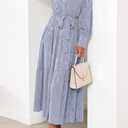 dowerme Women's Casual Dresses 2025 Fall Fashion Long Sleeve Button Up Floral Print Belted Tiered Boho Maxi Party Dress (Gray, S)