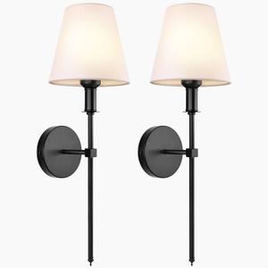 Wall Sconces Sets of 2, Retro Industrial Wall Lamps, Bathroom Vanity Sconces Wall Lighting with White Fabric Shades, Wall Lights for Bedroom Living Room Kitchen and Corridor (Black)