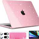 TWOLSKOO for MacBook Air 13.3 inch Case 2021-2018 M1 A2337 A2179 A1932 with Retina Display, Plastic Hard Shell Case with Keyboard Cover & Type C Adapter 2 Pack & Camera Cover, Glitter Pink