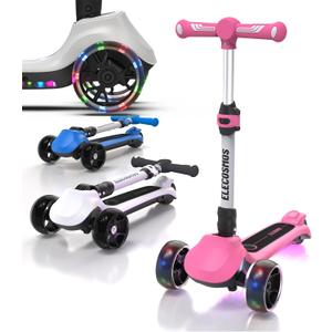 Kids Electric Scooter for Age 4-9, Light Up 3-Wheeled Scooter with Big LED Wheels, Wide Flashing Deck, Adjustable Height (Pink)