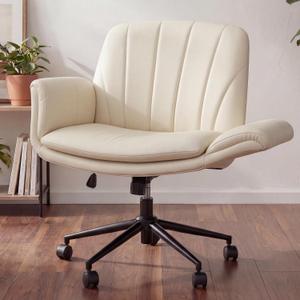 Dowinx Criss Cross Chair with Five-Level Adjustable Arms and Wheels - Comfortable Ergonomic PU Leather Swivel Vanity Chair - Computer Makeup Gaming Chair for Home Office, Bedroom, Vanity Room (Khaki), 20.47 inches x 26.38 inches x 12.6 inches