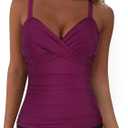 Firpearl Womens Underwire Tankini Top Only Twist V Neck Swimsuits for Big Busted Ruched Tummy Control Bathing Suit Tops (14, Amaranth)
