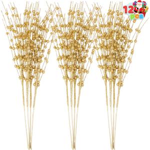 Joiedomi 12 Pcs Christmas Gold Glitter Berry Stems, 17'' Christmas Tree DIY Picks Branches, Gold Xmas Wreath Ornaments Glitter Twigs, Artificial Decorative Sticks for Party Home Wedding Holiday Decor