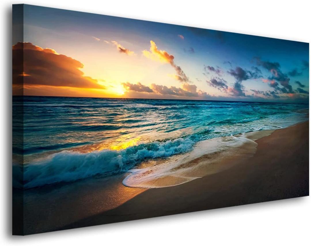 Beach Pictures Wall Art Canvas Prints Seascape Themed Decor for Home Sea Ocean Sunset Paintings for Living Room Bathroom Wall Decorations Natural Landscape Artwork Wooden Picture Frames 28x57 inches (Blue Ocean Wave Golden Sunshine)