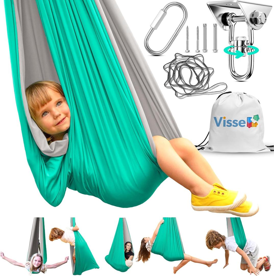 Sensory Swing for Kids Indoor Outdoor - Calming Cocoon Therapy Swing, Holds 300lbs - Hug-Like Compression Hammock with 360 Swivel Hardware for Autism, ADHD, SPD Support (Grey/Mint)