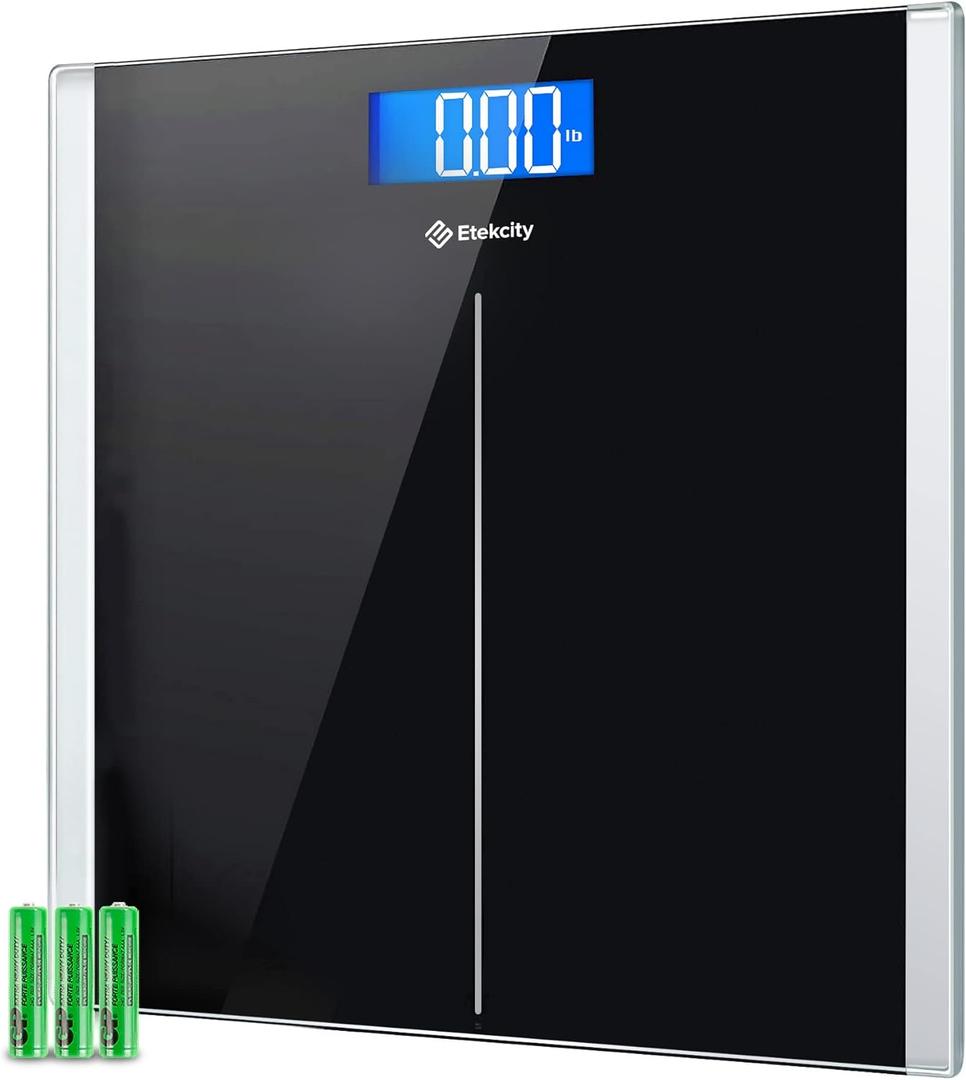 Etekcity Bathroom Scale for Body Weight, Highly Accurate Digital Electronic Weighing Machine for People, LCD Display, Large Size, 6mm Tempered Glass for Safe Home Use, Batteries Included, 400 lbs (11.8 x 11.8 Inch, Black)