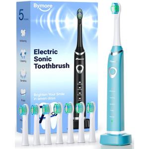 Bymore Electric Toothbrush for Adults,Travel Sonic Toothbrush with 8 Replacement Heads, Ultra Clean RechargeableToothbrush Portable One Charge for 330days 5 Modes 2mins Timer-Cyan Blue