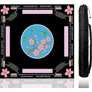 American Mahjong Mat with Rules Printed (33x33, 2.5mm Thick, Hummingbird Black) Mahjong Mat for Table w/Bag, Crease-Proof Waterproof Non-Slip, Soft Mahjong Table Mat, Noise Reduction