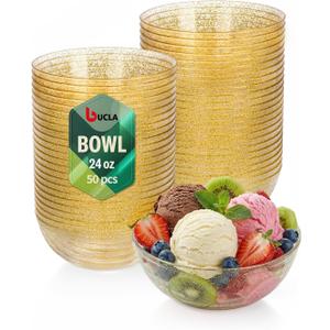 bUCLA 50Pack Gold Glitter Plastic Serving Bowls - 24oz Gold Disposable Dessert/Salad/Soup/Salad/Fruit/Cereal Bowls for Wedding & Party