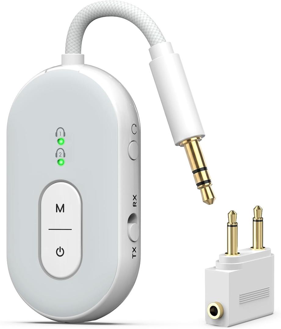 Bluetooth 5.3 Wireless Audio Transmitter & Receiver, 3.5mm AUX Adapter, Supports 2 AirPods or Headphones, 25+ Hr Battery Life, Airplane Bluetooth Adapter for Travel, Flight, TV, Car & Gym