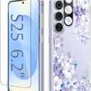 GVIEWIN Compatible with Samsung Galaxy S25 Case, Clear Floral Slim Shockproof Protective Women Phone Case, Non-Yellowing, with Screen Protector & Camera Lens Protector 6.2", Foliolosa/Blue