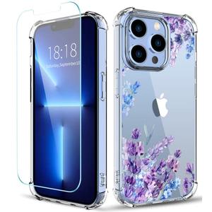ilnehc Flower Pattern Designed for iPhone 13 Pro Max Case[with Screen Protector], Floral Clear Women Phone Case Shockproof Protective Soft TPU Bumper Cover 6.7 Inch 2021(Lavender/Purple)