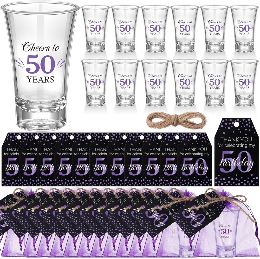 Pickmesh 50 Sets Black Purple Birthday Party Favors for Guests Souvenir Multicolor 50 Years Old Gift Bulk Acrylic Clear 1.2oz Shot Glasses with Thank You Cards and Gift Bags, 40/50/60/70th Birthday