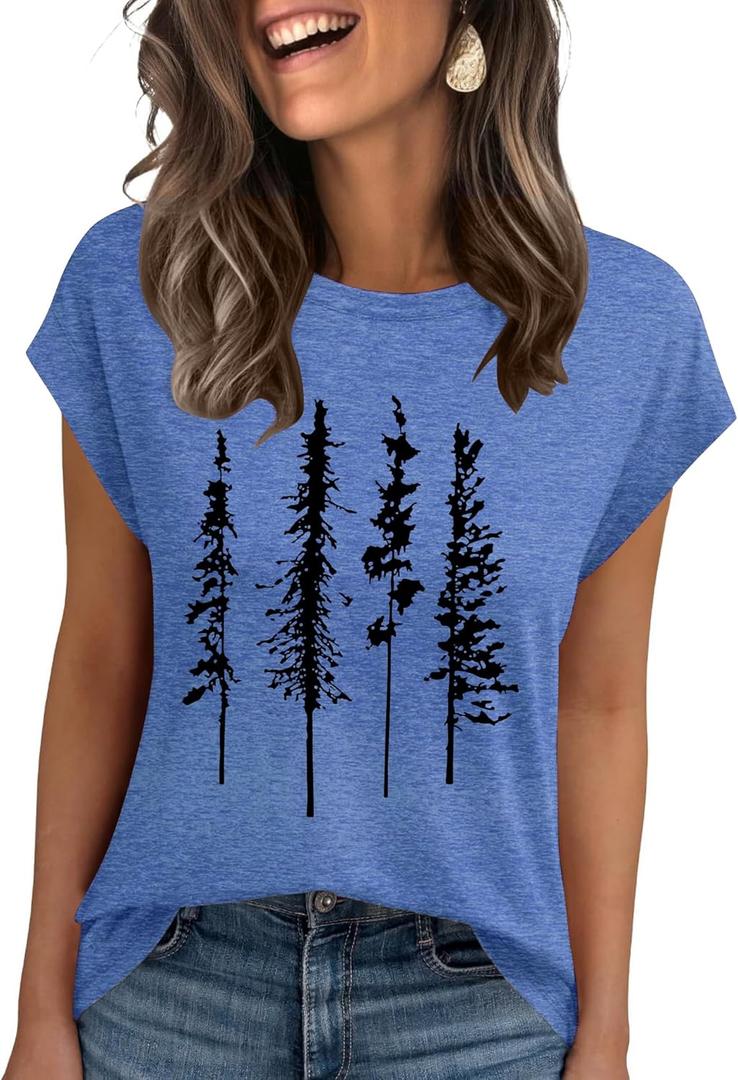 AKEWEI Womens Vintage Flower Print T Shirt Funny Cute Animal Graphic Tees Tops Loose Casual Outdoor Shirt (Medium, Blue Pine Tree)