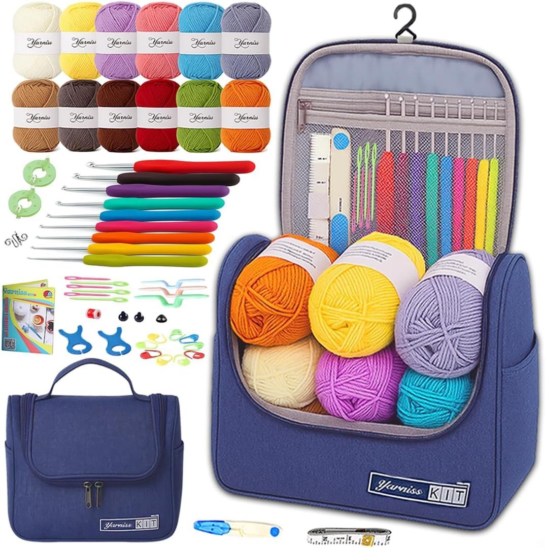 Yarniss Crochet Kits for Beginners,All in One Crochet Kits with 840 Yards Crochet Yarn,Ergonomic Crochet Hooks Set with Yarn for Adults,Navy (10 Size, Blue)