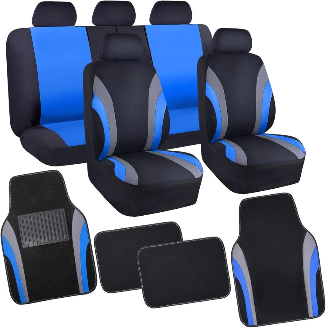 CAR PASS Line Rider Sporty Car Seat Covers Full Set with 4Pcs Waterproof Car Floor Mats Universal Fit Airbag Compatible Automotive Interior Covers for Sedans, Trucks,Vans,SUV (Combo Set, Black & Blue)