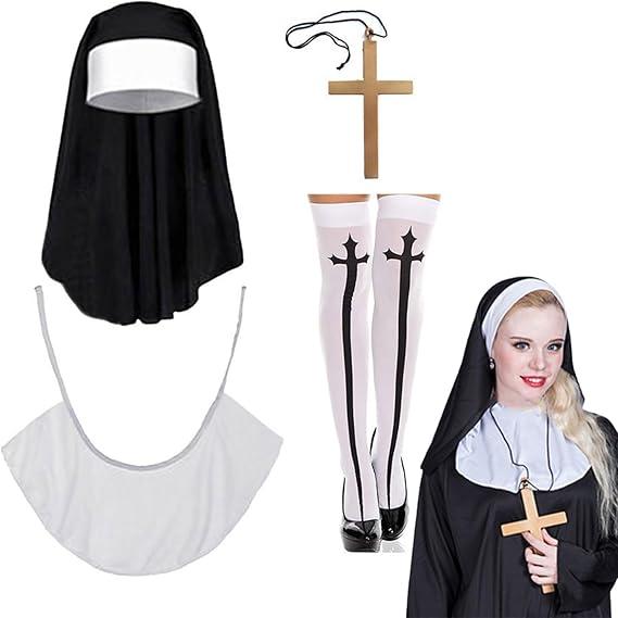 Set of 4 Nun Costumes for Adults, Nun Costume Accessories Set for Women, Nun Outfit for Halloween Cosplay Party, S