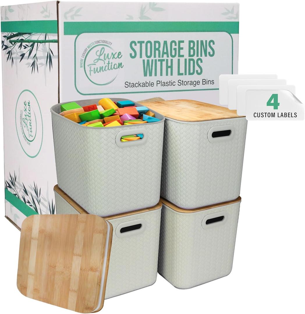 Storage Bins with Bamboo Lid  Stackable, Multi-Purpose Organizers for Pantry, Closet, Kitchen, and Home  Elegant Wicker-Style Design with Ergonomic Handles (Cream) Storage Bins with Bamboo Lid  Stackable, Multi-Purpose Organizers for Pantry, Closet, Kitchen, and Home  Elegant Wicker-Style Design with Ergonomic Handles (Cream)