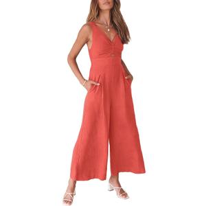 ANRABESS Women's Jumpsuits Summer Wide Leg Sleeveless V Neck Casual Dressy Linen Pants Rompers 2025 Vacation Beach Outfits (Large, Peach)