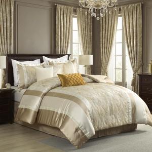 Bedduvit Luxury 7 Piece Bed in Bag, Vintage Damask Jacquard Thick King Comforter Set, Luxurious Genuine Patchwork Design All Season Bedding Set with Bed Skirt, Decor Pillows, Shams, Gold/Beige/Cream