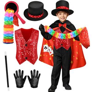 Latocos Kids Magician Costume Boys Girls Magic Kits with Vest Bag Zipper Gloves Hat Cape Wand Halloween Dress Up (M(5-7Y))
