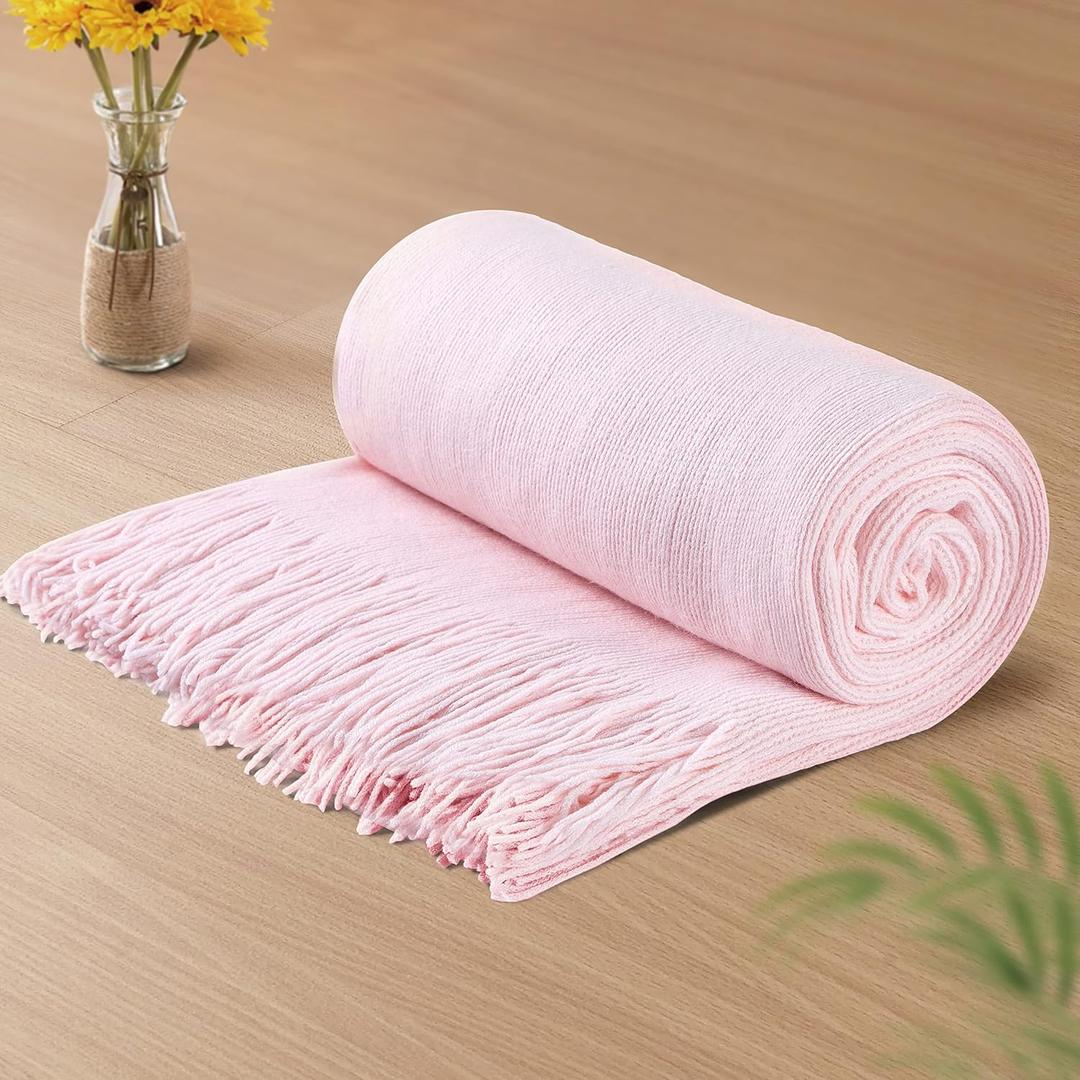Vonty Pink Knitted Blanket with Tassels Fringe 50" x 60", Super Soft Knit Throw Blanket, Farmhouse Decorative Lightweight Blanket for Couch, Sofa, Bed