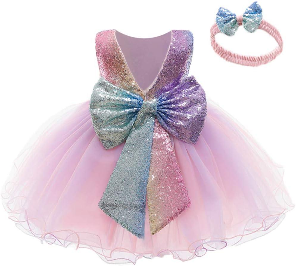 12M-6Y Baby Dress Sequins Bowknot Flower Girls Lace Wedding Pageant Tutu Gown Dresses with Headwear (Pinkpurple)