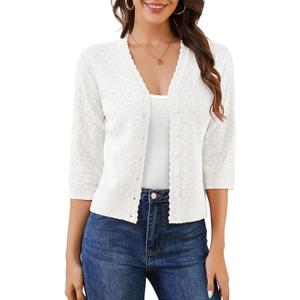 Bbonlinedress Women's 3/4 Short Sleeve Cardigans Lightweight Winter Cropped Sweater Button Up Knit Tops Shrug 2025 (White, S)