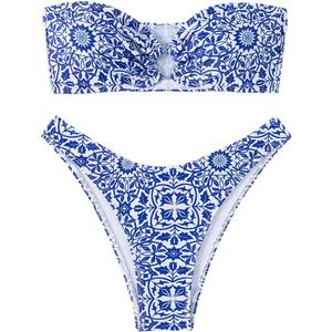 SHENHE Women's Floral Bandeau Bikini Set O Ring High Cut Strapless 2 Piece Swimsuit (Medium, Blue and White)