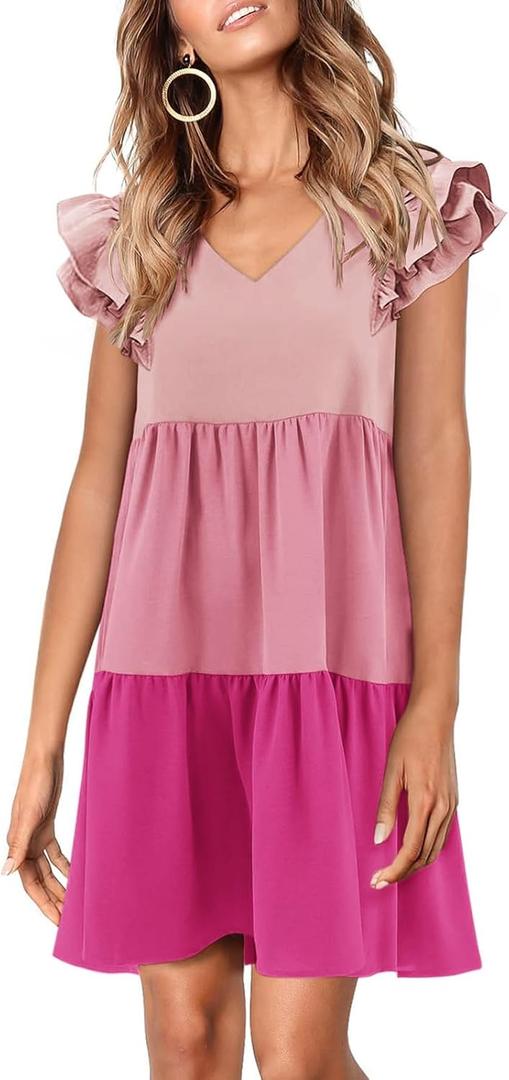 Zwurew Summer Babydoll Dresses for Women 2026 Cute Ruffle Cap Sleeve V-Neck Flowy Swing Mini Dress Sundress (XX-Large, 03 Pink)