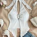 QJQ Women's Halter Tops Twist Front Slit Backless Cute Summer V Neck Tank Top Vacation Outfits (White, M)