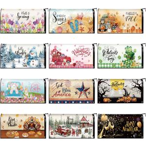 Dispowreath 12 Pcs Seasonal Mailbox Covers Magnetic Standard Size 18 x 21 Inch Spring Summer Patriotic Magnetic Mailbox Covers for Garden Yard Outdoor Decor