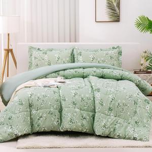 Mooreeke Floral Queen Size Comforter Sets, Vintage Sage Green Botanical Flower, Lightweight Bedding for All Seasons, 3-Piece Bed in a Bag with Fluffy Quilted Reversible Comforter & 2 Pillow Shams