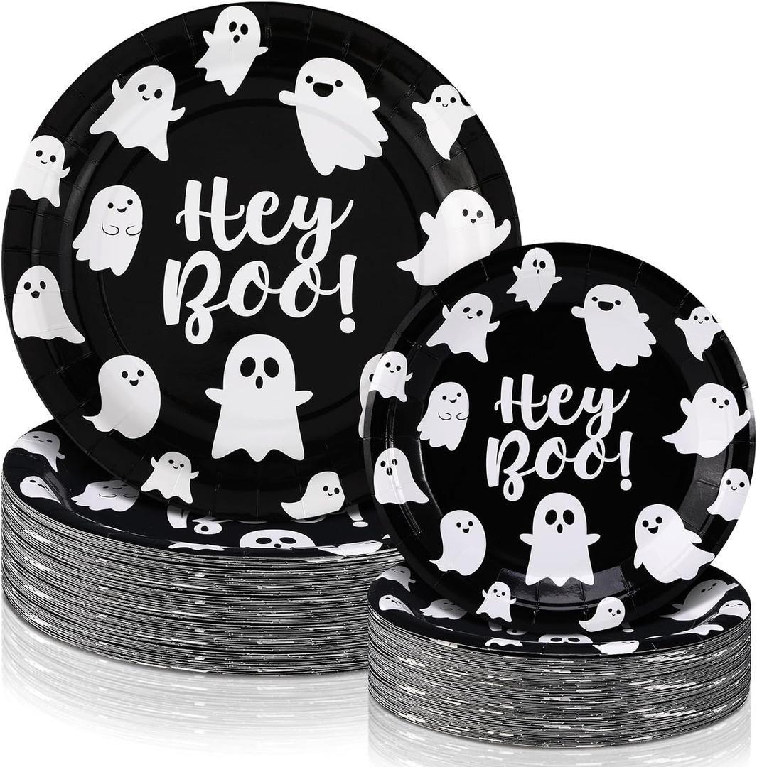 48 Pcs Halloween Hey Boo Paper Plates Set Include 9 Inch Ghost Disposable Dinner Plates 7 Inch Scary Dessert Plate Tableware for Halloween Birthday Party Supplies