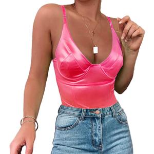 Velius Women's Sexy Deep V Neck Shiny Thong Bodysuit Tank Tops with Underwire (Neon Rose, X-Large)