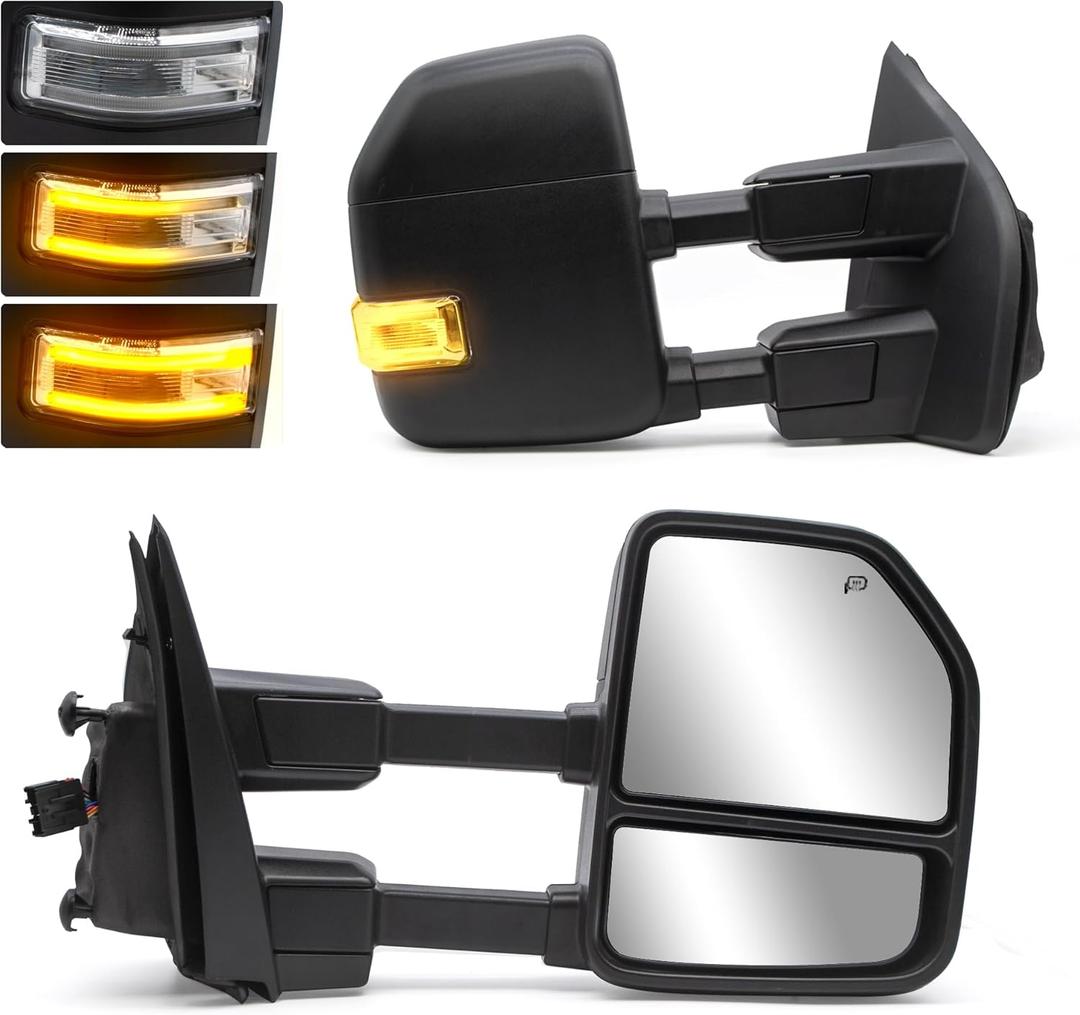 NEYASU Pair Tow Mirrors fit for 2017-2020 Ford F250 F350 F450 F550 Super Duty Dynamic Signal Lights Power Heated LED Turn Signal Lamp Running Light Temperature Sensor Towing Mirrors Black LH RH