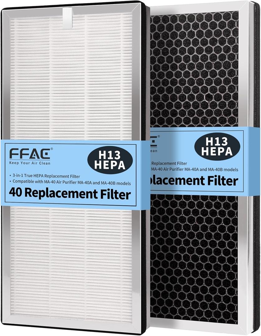 MA-40 Replacement Filter Compatible with MA-40 Air Purifiers, 3-in-1 High-Efficiency Filtration System for MA40W MA40B, H13 True HEPA with Activated Carbon Pre-Filter (2 Pcs)