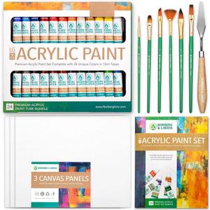 Norberg & Linden Acrylic Paint Set - Canvas and Acrylic Paint Sets for Adults, Teens, Kids - Includes 24 Vivid Colors, 3 Painting Canvas Panels, 6 Assorted Brushes & 1 Paint Knife (Multicolor)