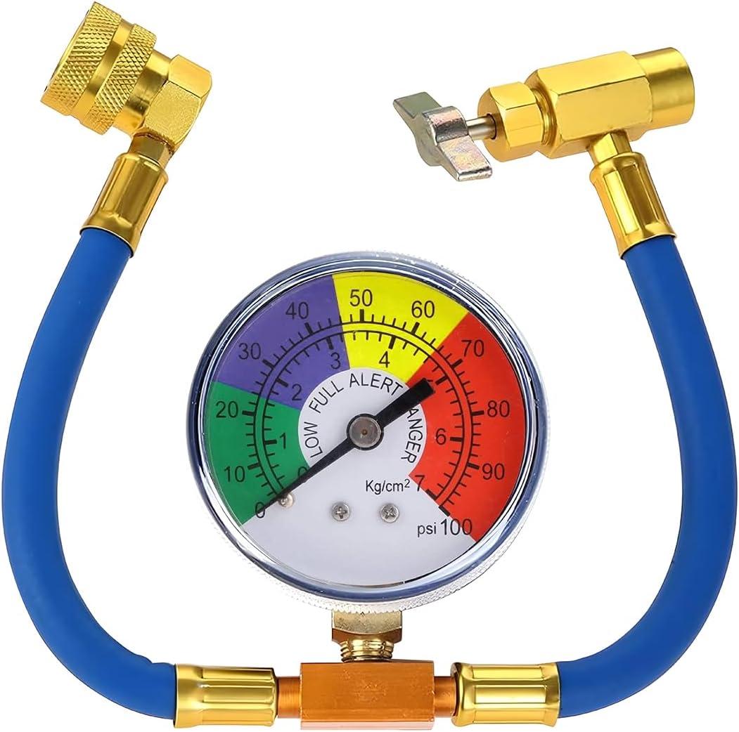 R134A Car AC Refrigerant Charge Hose Kit, 600-3000PSI Air Conditioning Refrigerant Recharge Hose with Low Pressure Gauge, Auto A/C 1/2" Recharge Measuring Can Tap, Universal Fit (14.96 Inch
