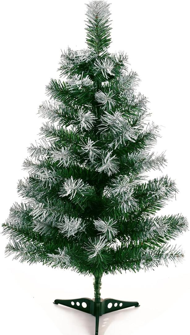 2Ft Artificial Christmas Tree Green Tabletop Christmas Tree with Flocking Snow Frost Tips Plastic Stand Mini Xmas Pine Tree for Party Supplies Indoor Outdoor Holiday Home Decoration
