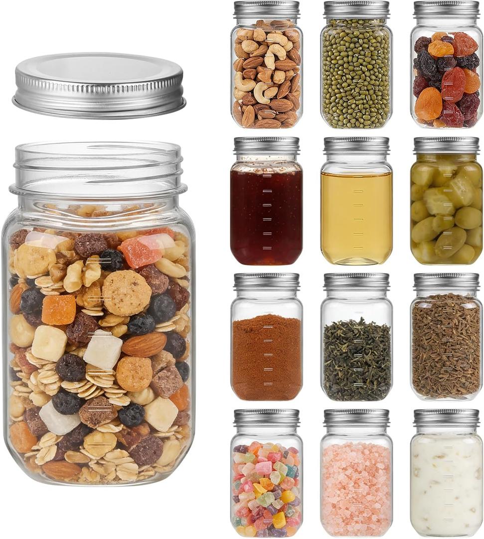 novelinks Plastic Jars with Lids 16oz, Clear 16 oz Mason Jars with Lids, Airtight & Leak-Proof Reusable Storage Jars for Kitchen and Home Use (Sliver,12 Pack)