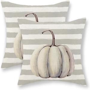 Fall Pillow Covers 16x16 Inch Set of 2,Grey Pumpkin Throw Pillows Case,Gray Stripes Autumn Outdoor Decorative Square Linen Farmhouse Harvest Decor Cushion Covers for Home Sofa Bed Couch