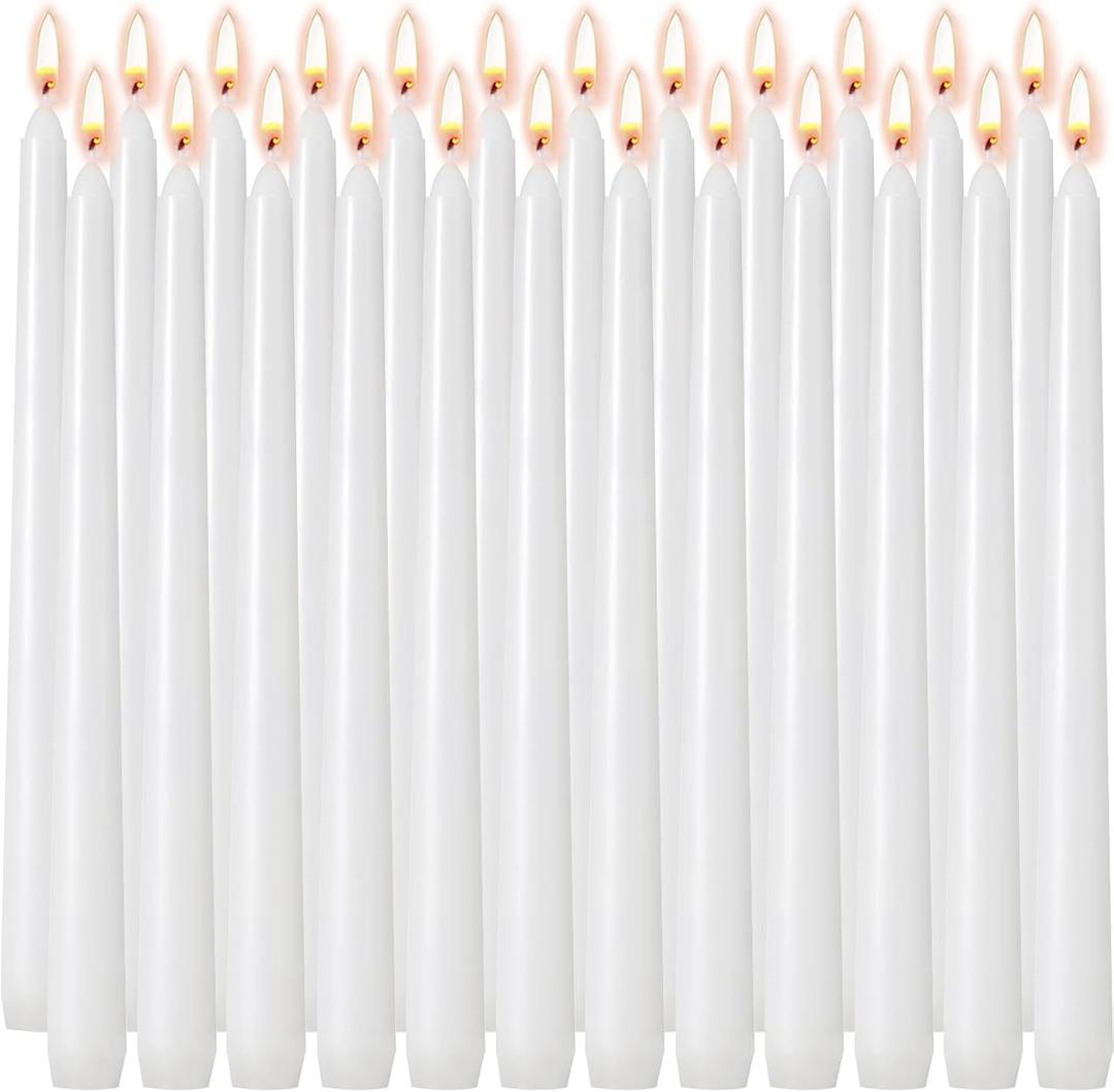 10 Inch White Taper Candles 24 Pack Bulk, Unscented Elegant Dinner Candles for Church, Wedding, Valentine's Day, Emergency, Holidays, 7-8 Hour Clean Burning Paraffin Wax for Candelabra and Holders, 10 inches , 0.79 inches