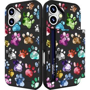 IWONE Compatible for iPhone 16 Case Cute with Card Holder Shockproof Slim Slot Phone Wallet Cover for Women/Colorful Doodle Paws Dog Craws Footprints Animal Watercolor, Pack 7